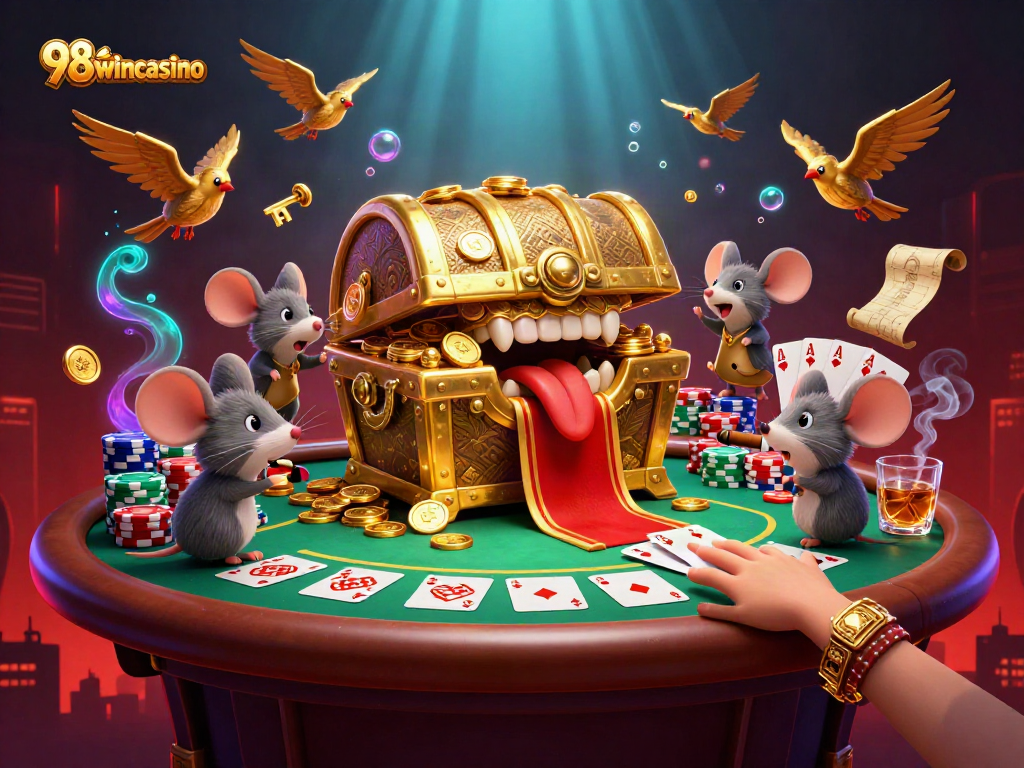 Experience the thrill of winning at 98wincasino with poker, chips, and treasure!