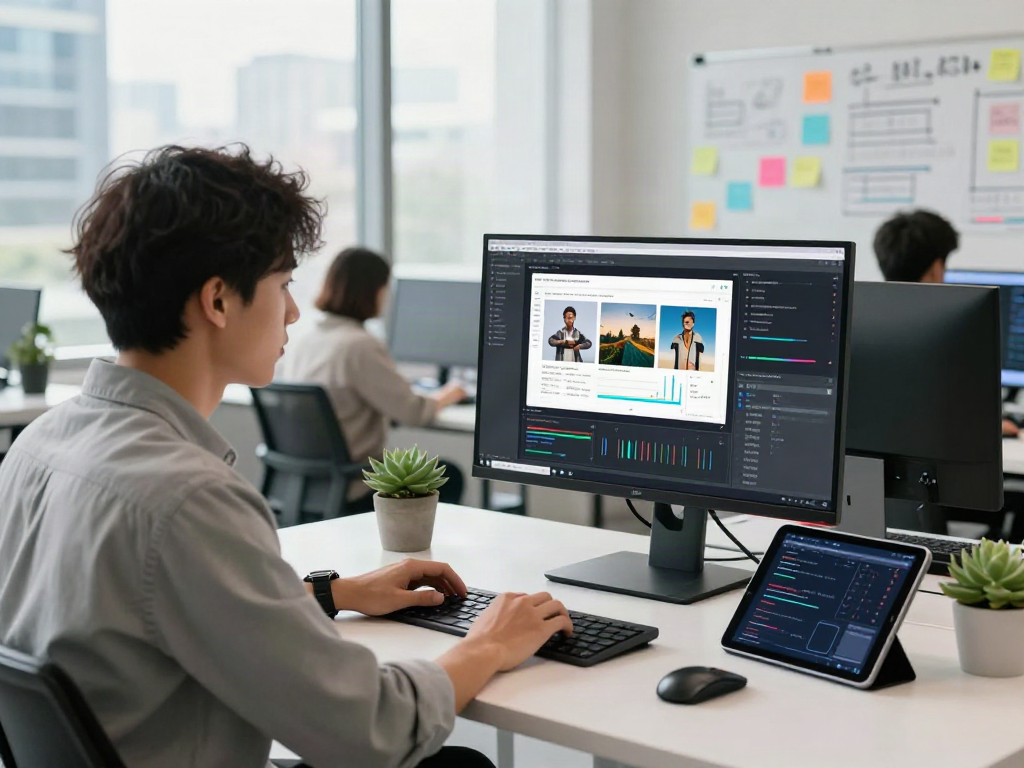 Data scientist analyzing AI Image Detection algorithms in a modern tech workspace