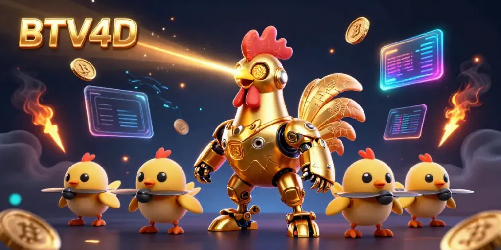 Mainkan permainan menarik di BTV4D dengan ilustrasi robot ayam emas futuristik yang memancarkan cahaya.