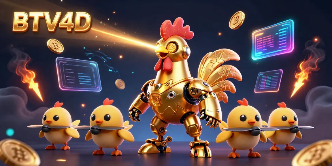 Mainkan permainan menarik di BTV4D dengan ilustrasi robot ayam emas futuristik yang memancarkan cahaya.