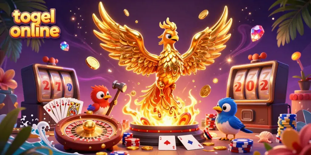 Ilustrasi 3D togel online dengan phoenix emas mencair dan elemen kasino menyala.
