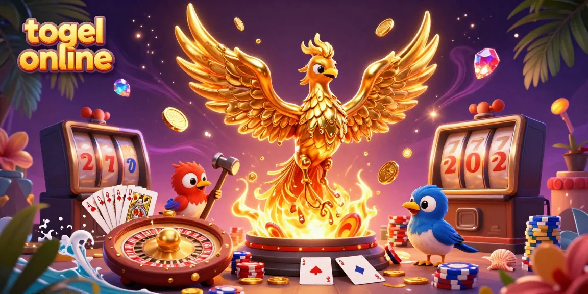Ilustrasi 3D togel online dengan phoenix emas mencair dan elemen kasino menyala.