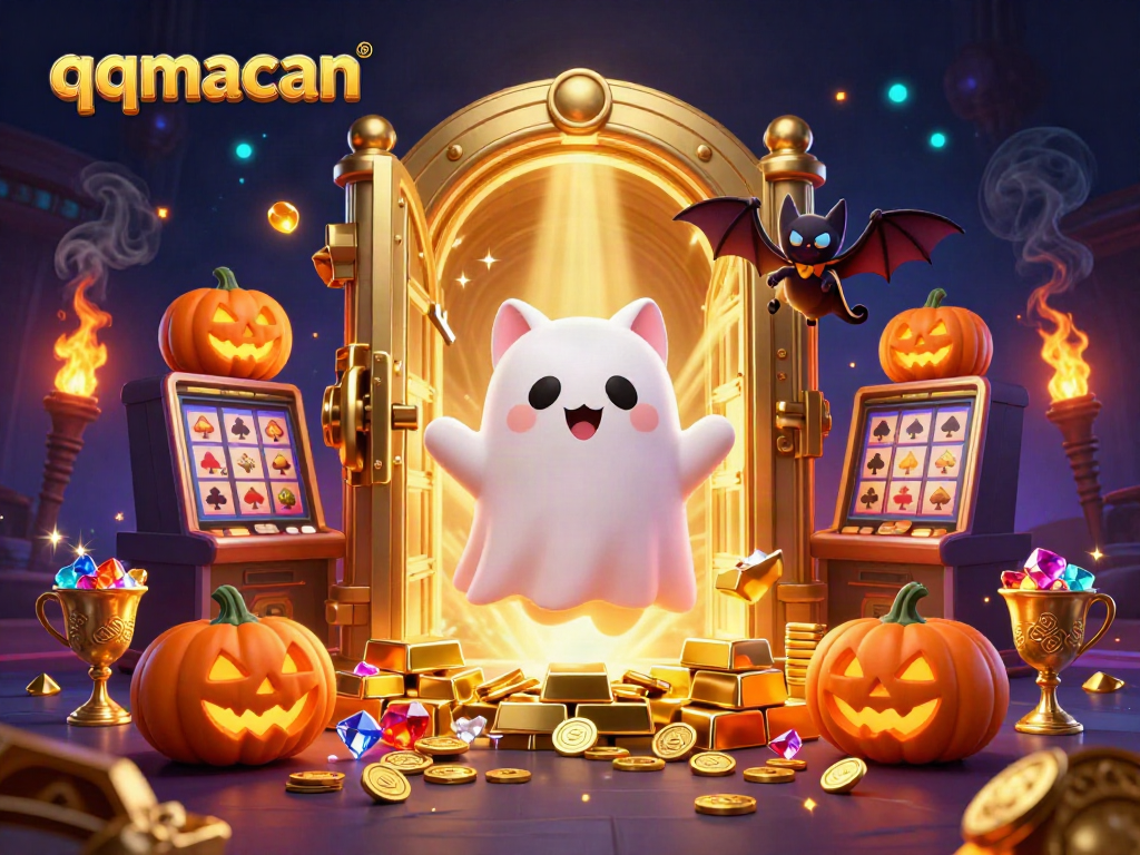 Engage in thrilling gameplay at qqmacan with a whimsical ghost cat, golden treasures, and glowing pumpkins.