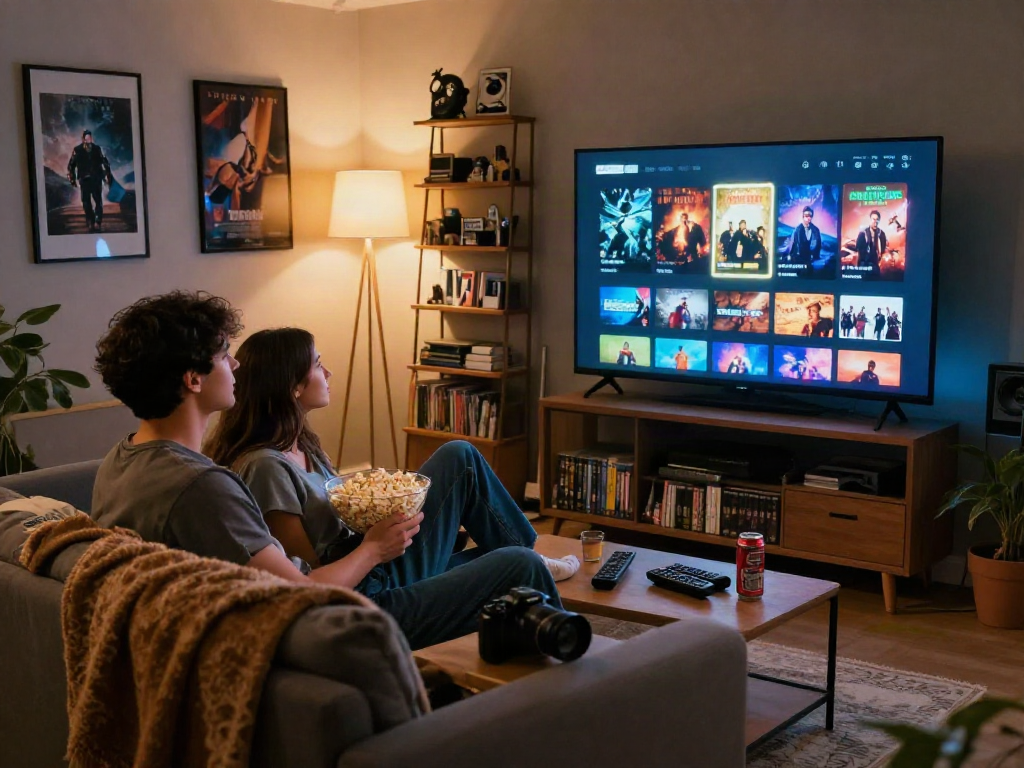 Young couple enjoying a movie night with Moviebox on a large TV.