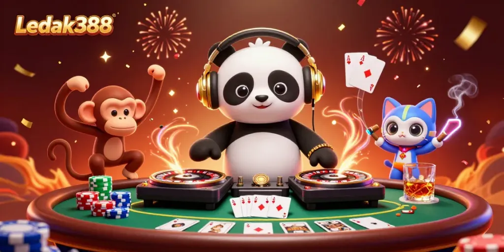 Experience the thrilling action with Ledak388's colorful animated casino scene featuring vibrant characters.