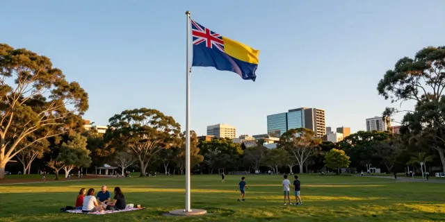 Flagpoles Australia in a vibrant park with family picnic, showcasing premium aluminium flagpole