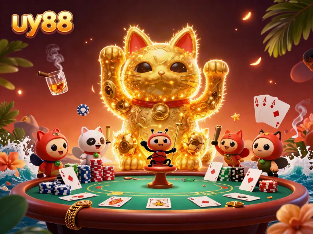 Experience the excitement of uy88 with a vibrant 3D casino scene featuring a lucky cat and poker elements.