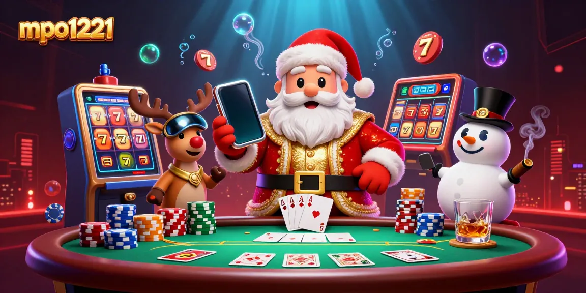 Experience mpo1221 action with Santa Claus and friends celebrating jackpot wins in a vibrant casino scene.
