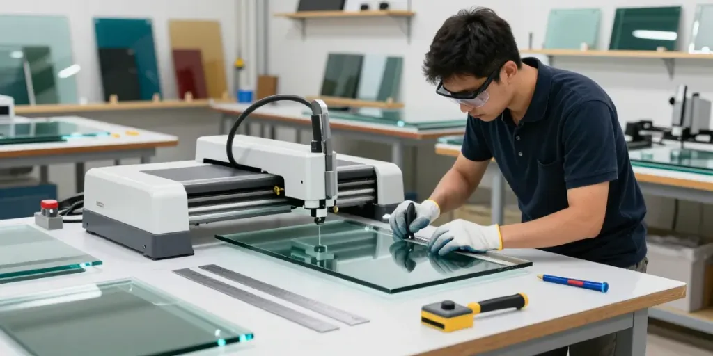 Technician using a glass cutting machine in a bright workshop