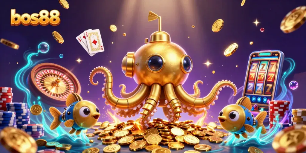 Experience the excitement of bos88 slots with a dynamic golden kraken and casino elements!