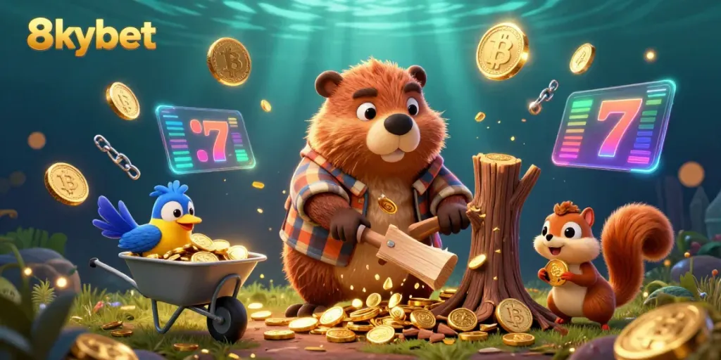 Experience gaming excitement with 8xbet as a playful beaver gathers golden coins in this vibrant scene.