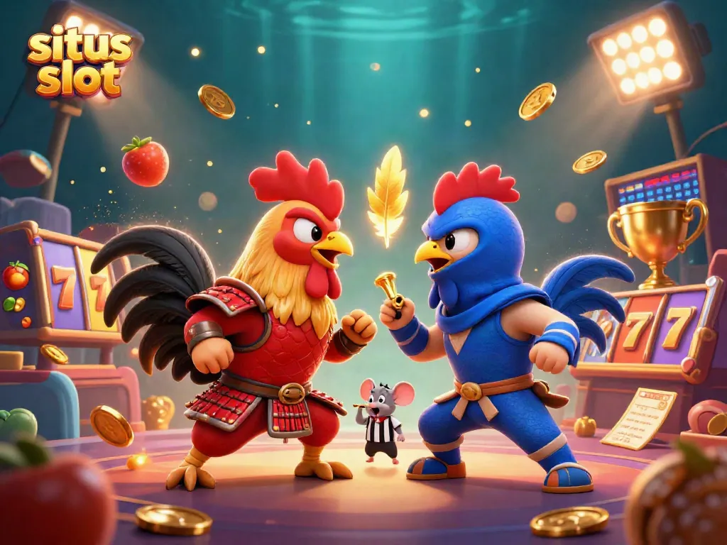 Experience thrilling situs slot action as roosters duel in a vibrant casino scene packed with excitement.
