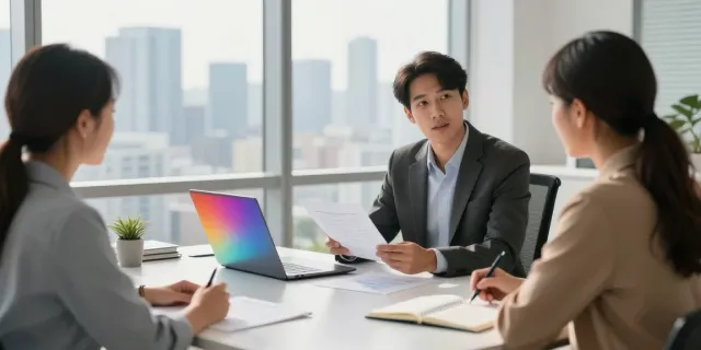 Financial Planner in Sydney discussing investment options with clients in a modern office