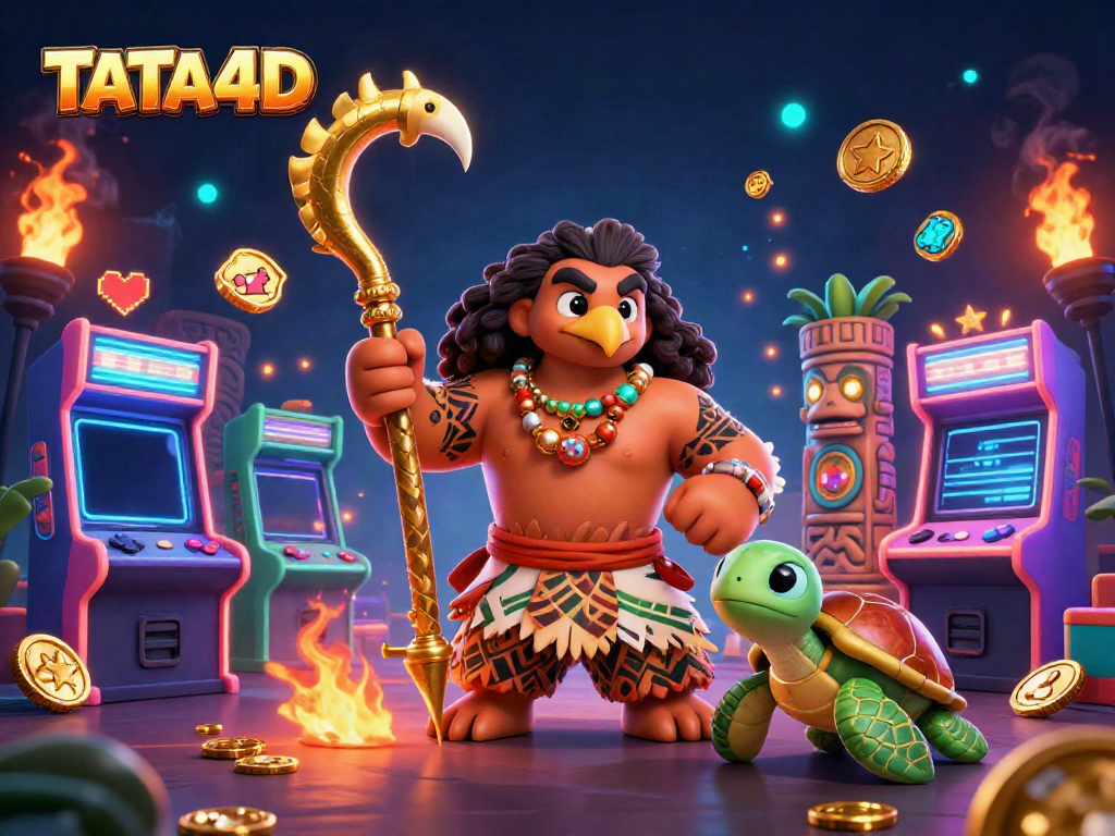 TATA4D showcases an engaging scene with a Maui-style demigod, a turtle sidekick, and vibrant casino game elements to attract players.