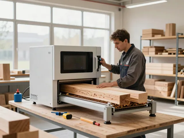 SHASHEL® technician using advanced microwave equipment for eco-friendly woodworm elimination in a bright workshop.