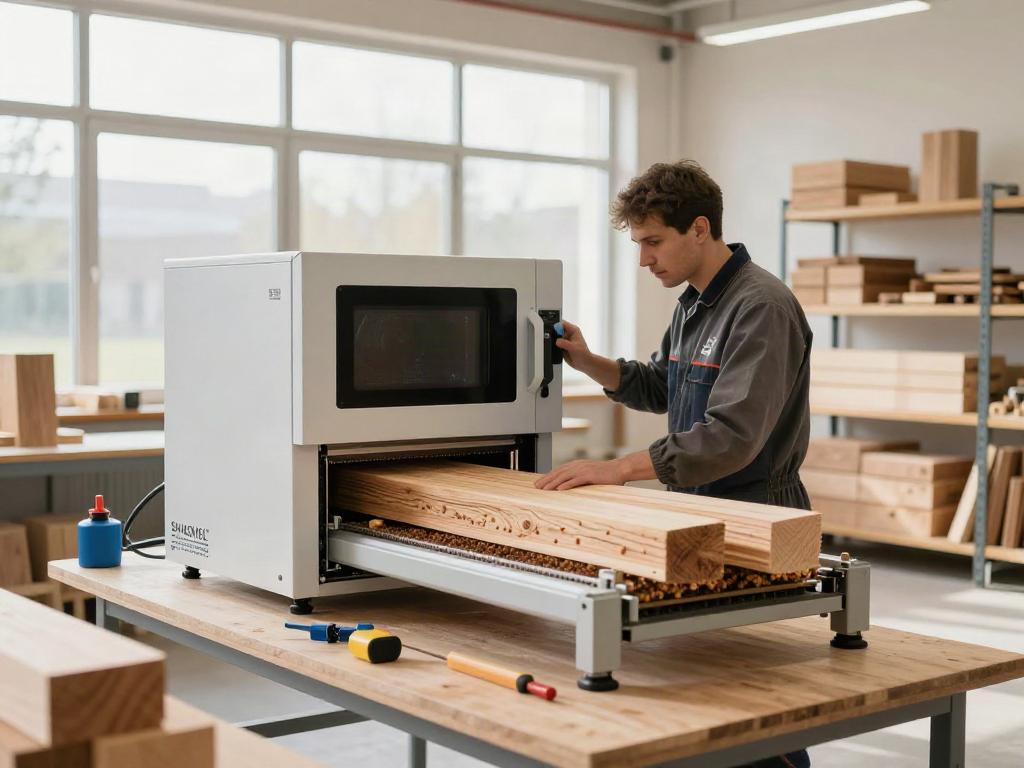 SHASHEL® technician using advanced microwave equipment for eco-friendly woodworm elimination in a bright workshop.