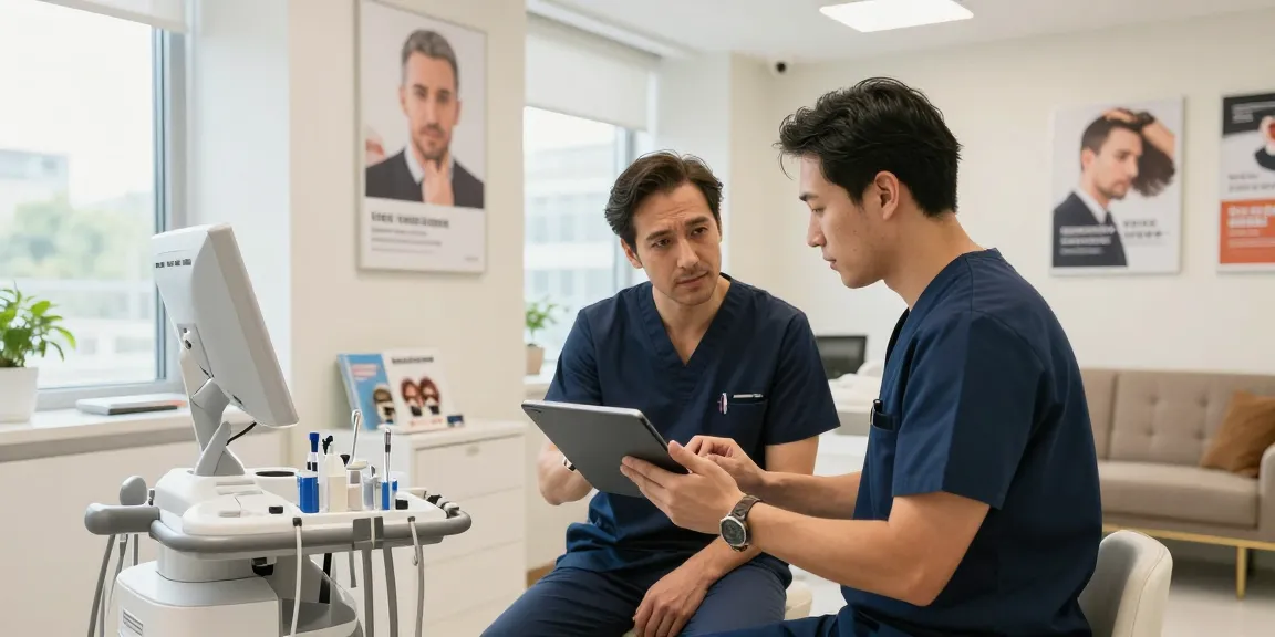 Patient receiving a hair transplant consultation in a modern clinic setting in Turkey.