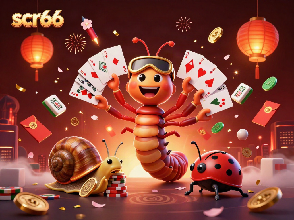 Experience excitement at scr66 with a vibrant casino scene featuring a lively millipede dealer and a charming snail.