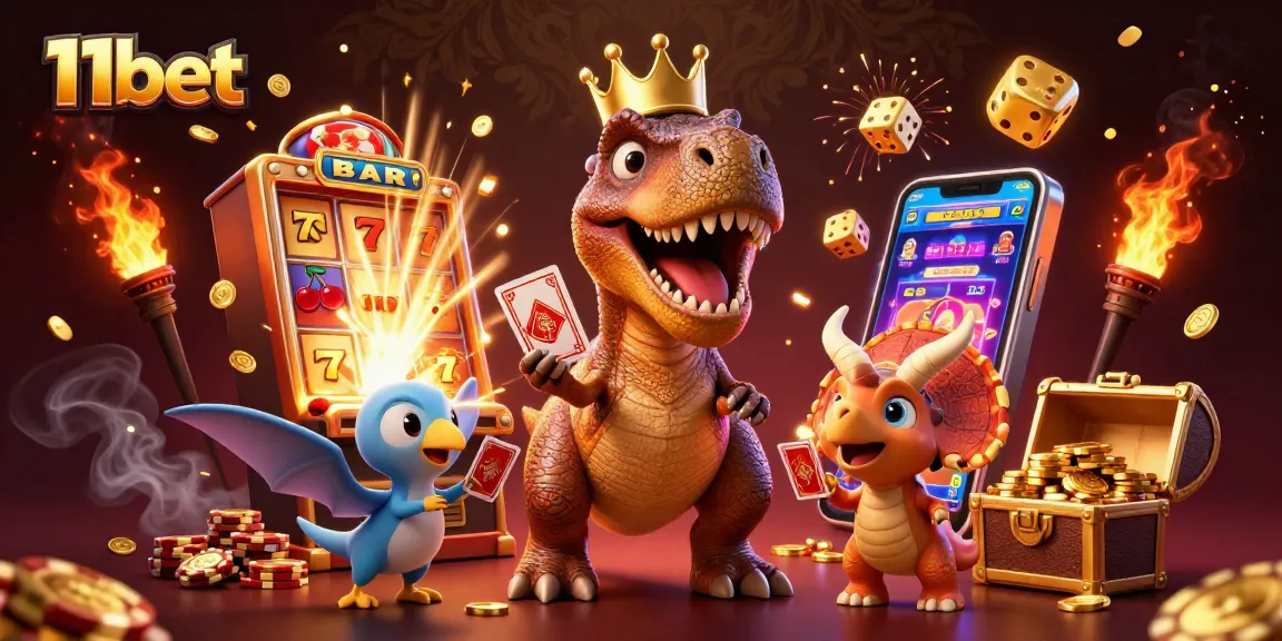 Engage with 11bet's thrilling casino experience featuring playful dinosaur characters and vibrant game elements.