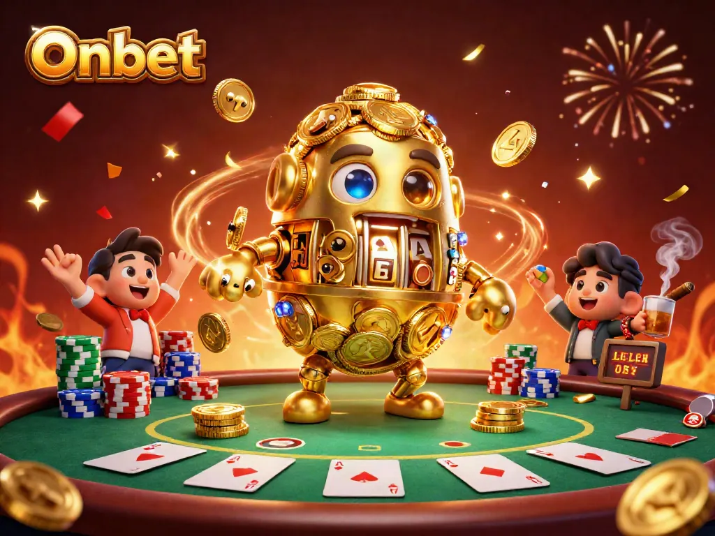Experience winning strategies with Onbet's dynamic casino scene featuring a golden golem and poker elements.