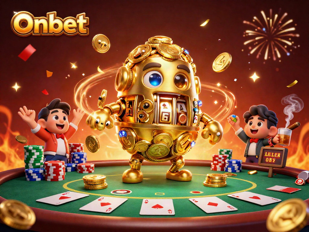 Experience winning strategies with Onbet's dynamic casino scene featuring a golden golem and poker elements.