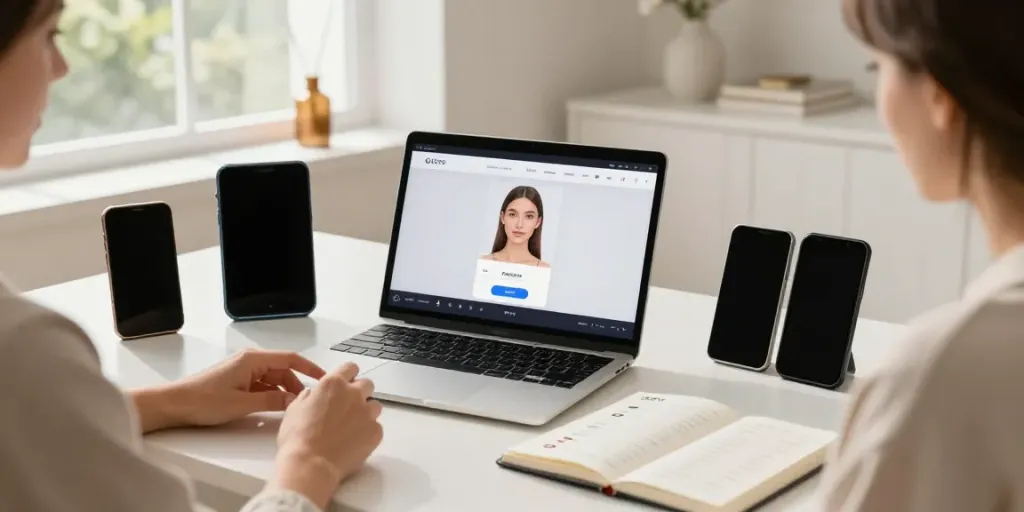 Person comparing alternatives to QOVES on laptop and smartphone while reviewing beauty app features.
