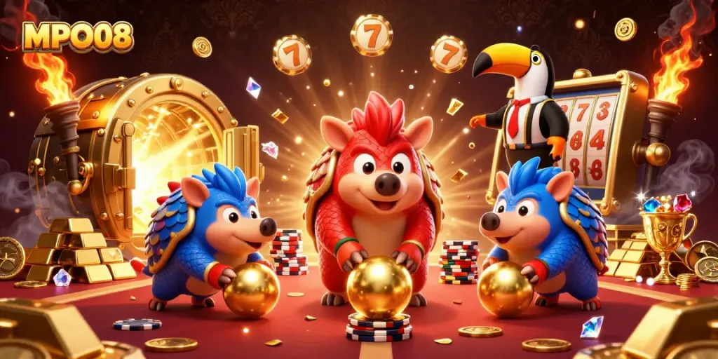 MPO08 highlights an exciting scene with colorful pangolins rolling through poker chips and gold.