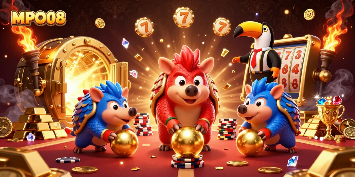 MPO08 highlights an exciting scene with colorful pangolins rolling through poker chips and gold.