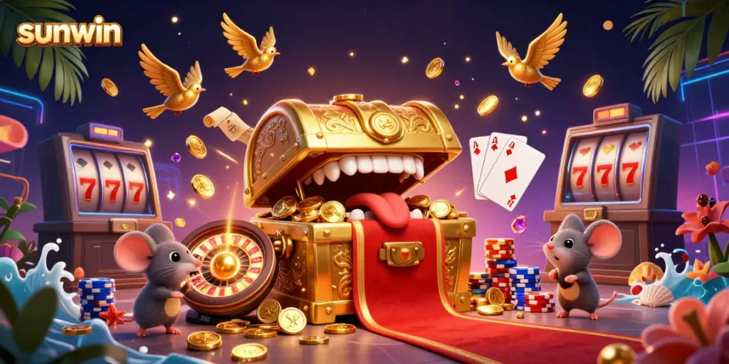 Sunwin casino adventure depicted with a golden treasure chest and shimmering elements.