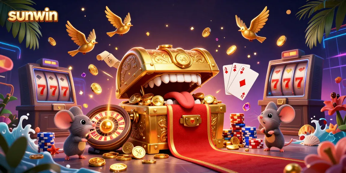Sunwin casino adventure depicted with a golden treasure chest and shimmering elements.