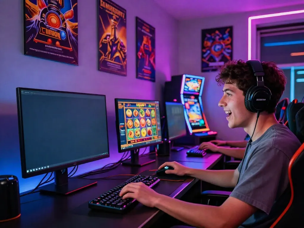 Dynamic online gaming experience at situs slot777, showcasing engaging slot games, neon lights, and excited player.