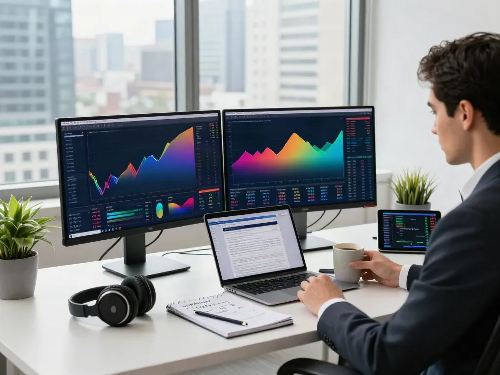 Analyst reviewing data on FintechZoom.com at a modern financial workspace.