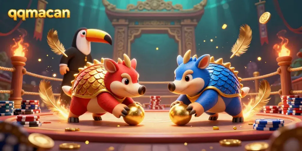 Compete in qqmacan's vibrant arena with rival pangolins, poker chips, and energetic atmosphere.