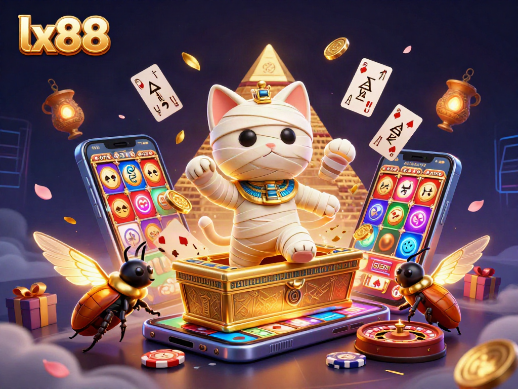 Experience thrilling gaming adventures with lx88 in a vibrant casino scene featuring an Egyptian mummy cat.
