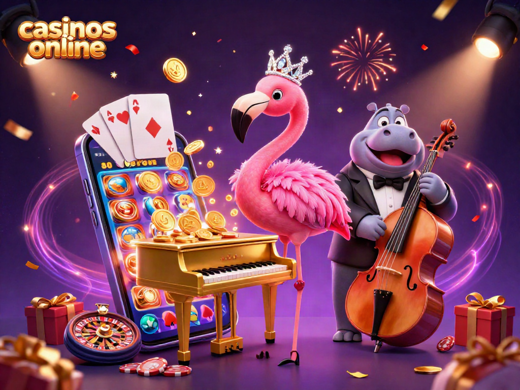 Juega en casinos online con un flamenco cantante y un hipopótamo en un ambiente de fiesta