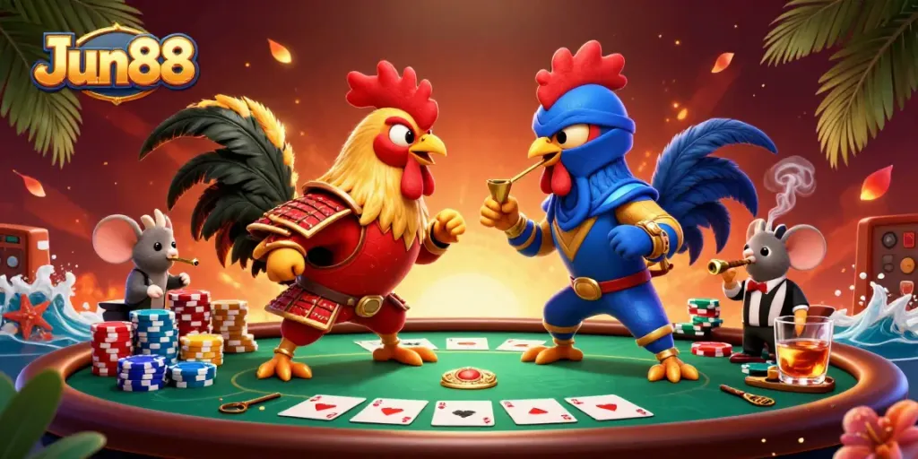 Engage in thrilling Jun88 gaming with detailed cartoon roosters battling over poker chips and cards.
