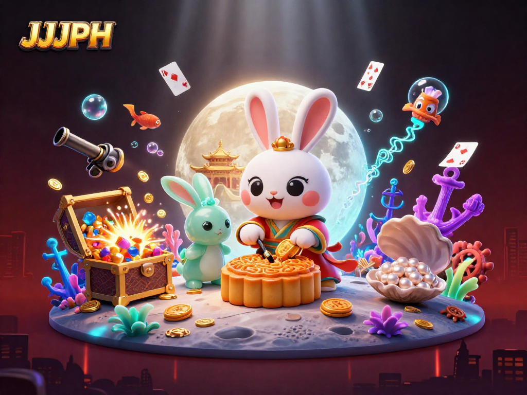Experience JJJPH excitement with a moon rabbit and poker chips in a vibrant casino-themed illustration.