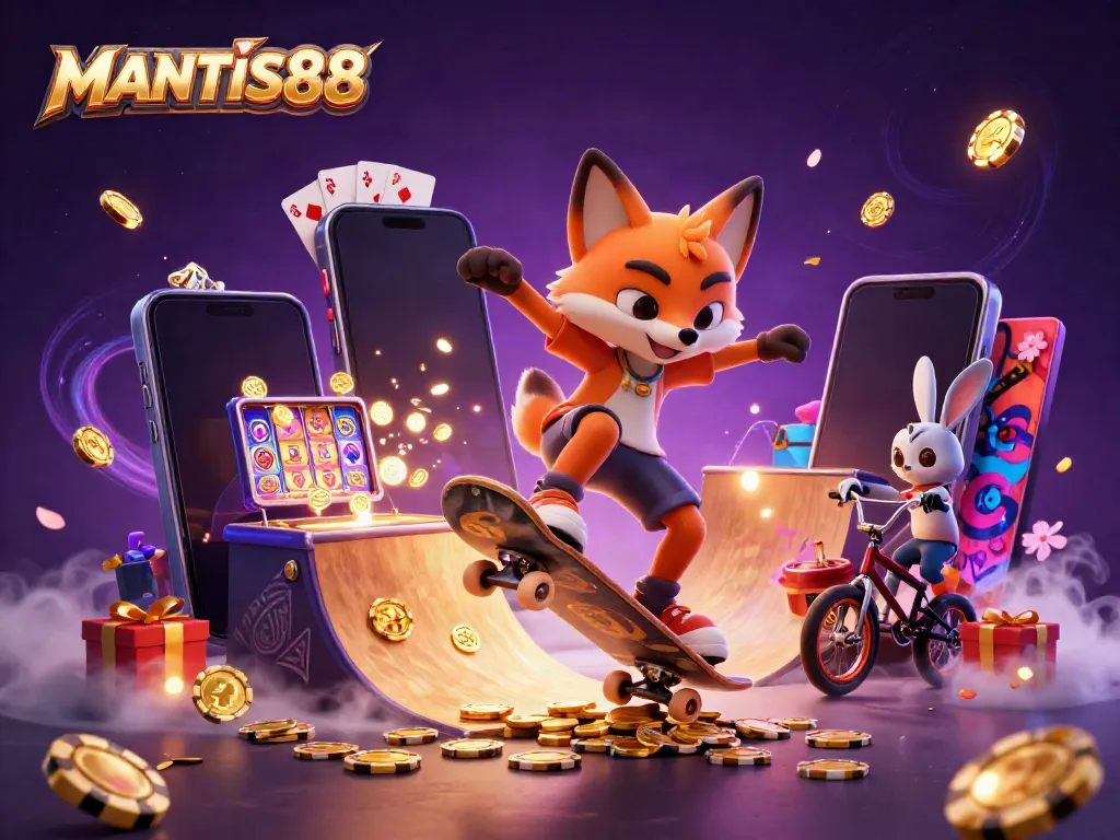 MANTIS88 brings excitement to gaming with a vibrant 3D illustration featuring a skateboarder fox and BMX rabbit in a casino scene.