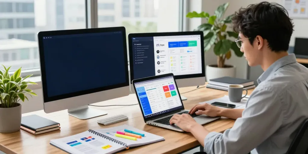 Marketer analyzing data in a digital workspace related to meta ads management.
