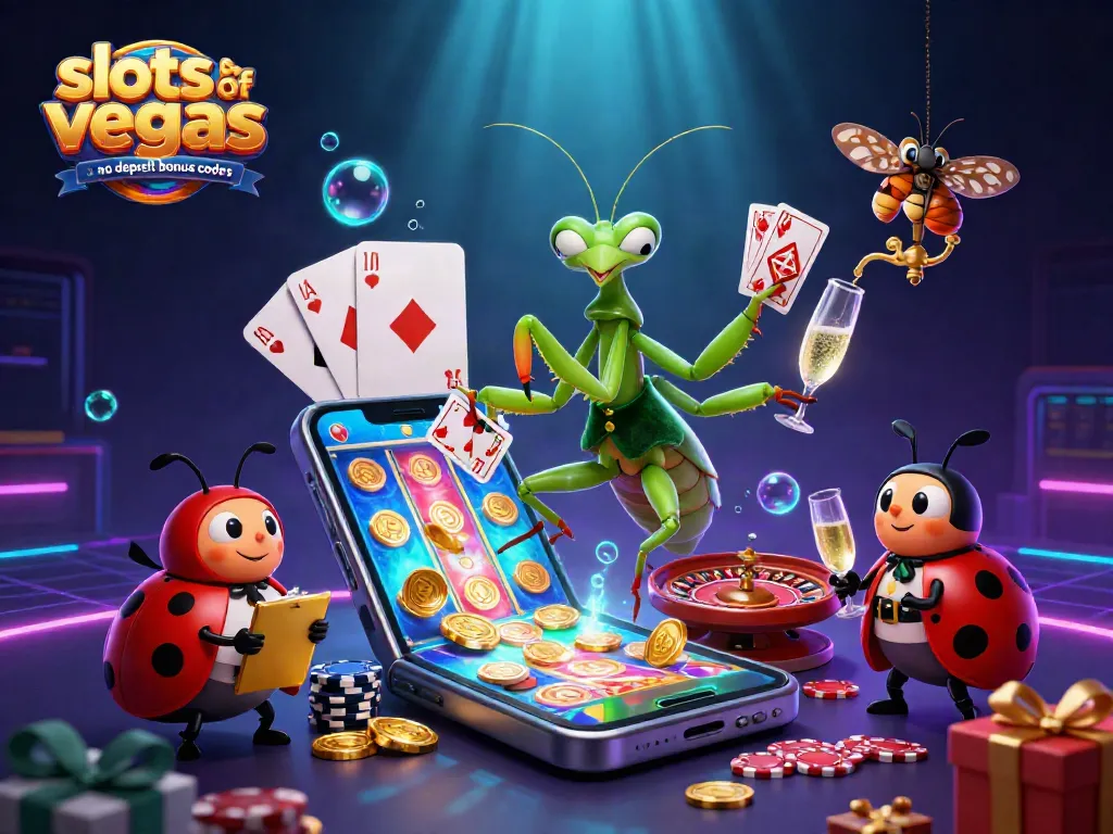 Engage with slots of vegas no deposit bonus codes through an exciting 3D casino scene, featuring vibrant characters and slots.