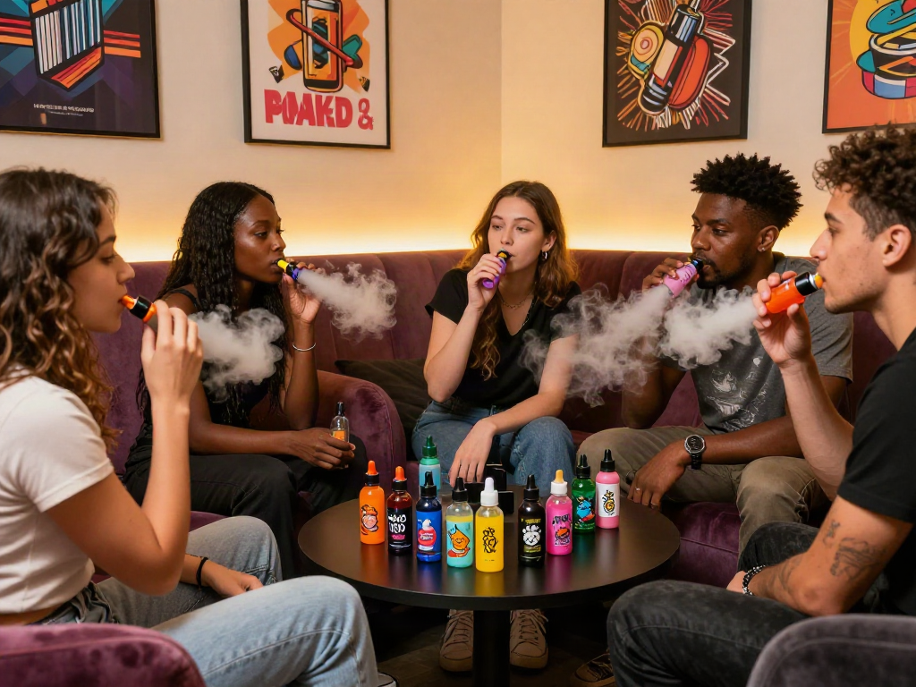 Friends enjoying vape juice online in a vibrant vape lounge atmosphere with colorful e-liquid bottles.