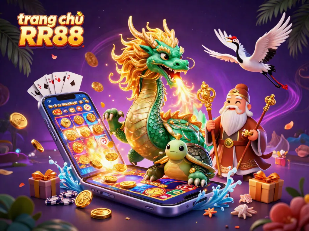 Experience the excitement at trang chủ RR88 with a vibrant 3D illustration of casino games and magical elements.