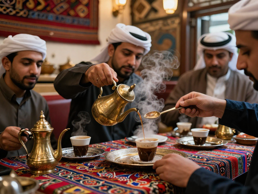 قهوجي وصبابين يقدمون القهوة في مقهى تقليدي بأجواء دافئة