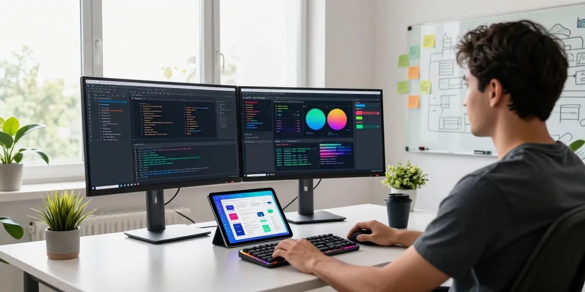Developer in a modern workspace focusing on mvp development service with dual monitors and vibrant UI designs.