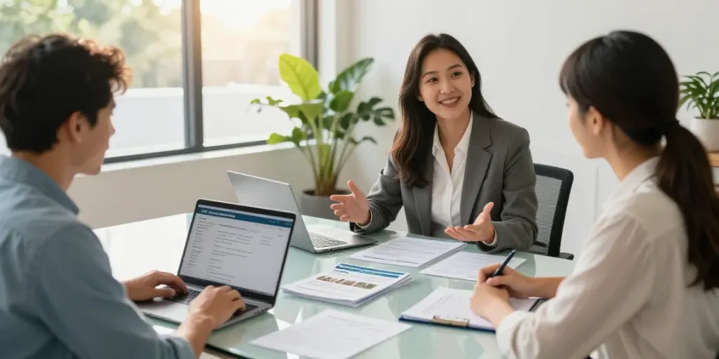 Home loans Brisbane consultation with a mortgage broker guiding clients through loan options in a professional office.