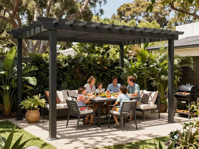 Pergola Builders Sydney creating a perfect outdoor dining space for family gatherings in a lush Sydney backyard.