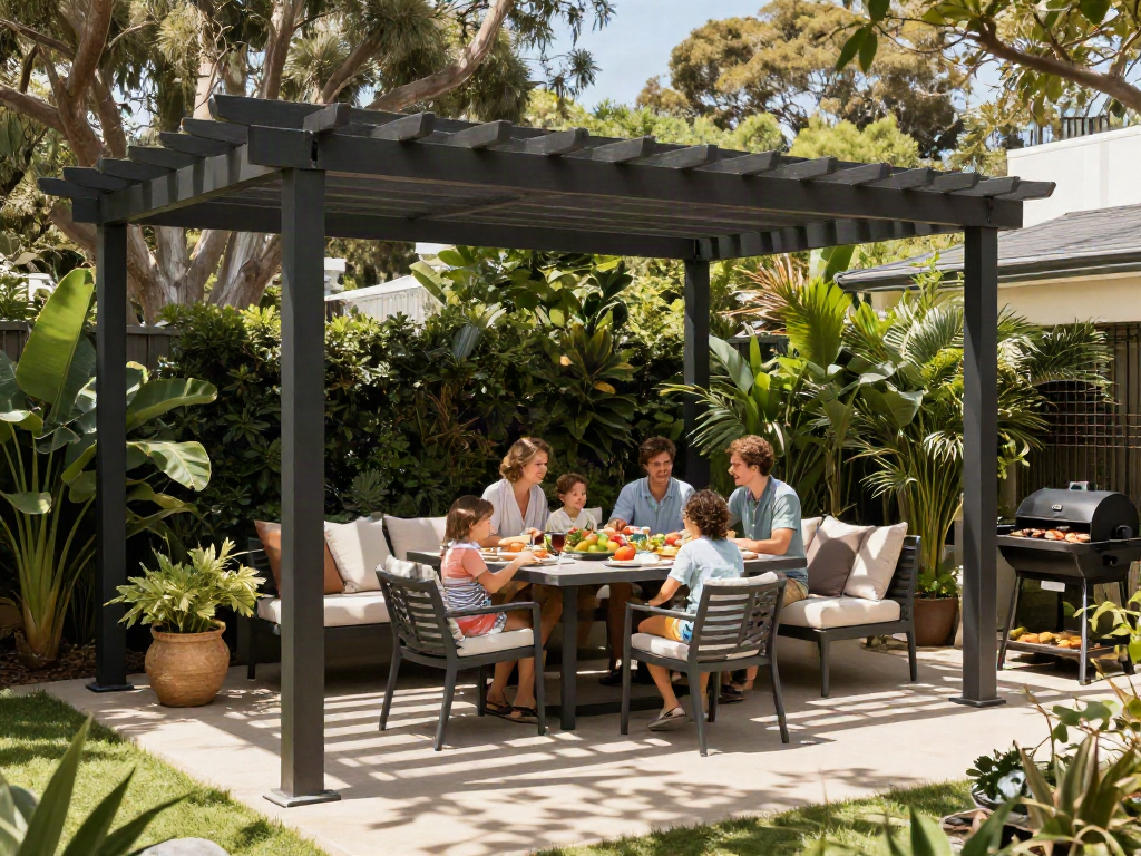 Pergola Builders Sydney creating a perfect outdoor dining space for family gatherings in a lush Sydney backyard.