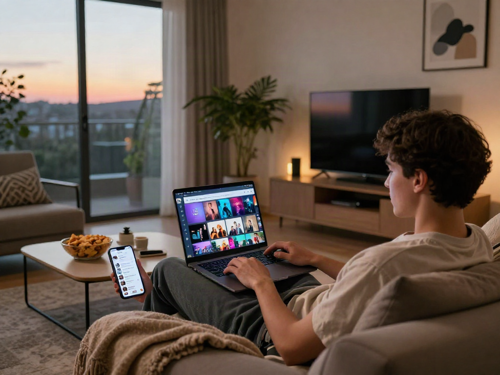 Enjoying cocoflix while lounging in a cozy living room with snacks and decorative plants.