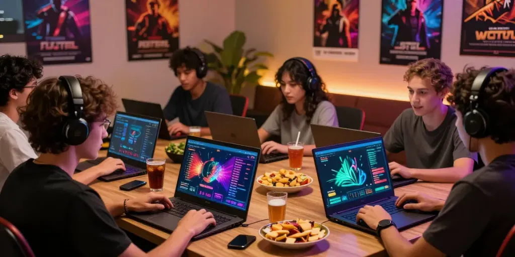 Engaging togel online gaming scene with diverse players collaborating at laptops.
