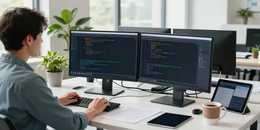AI training data workspace with data scientist analyzing datasets using advanced tools and technology for effective data management.